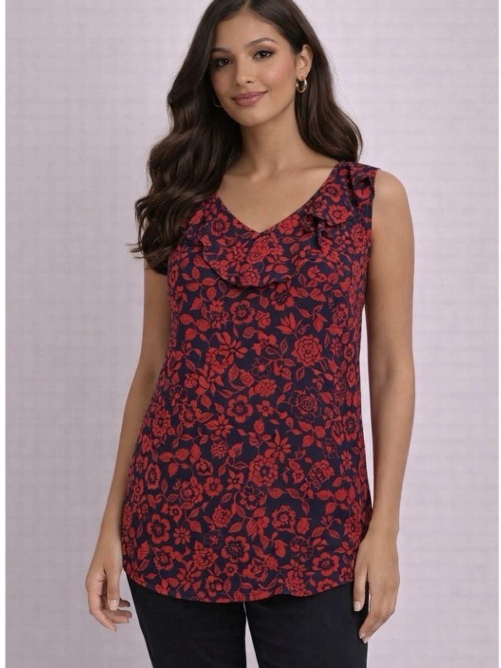 Terra & Sky Ruffled Red Floral Sleeveless Top Size 2X (20W-22W)